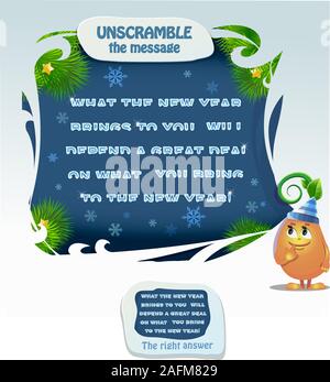 Neues Jahr Rätsel für Kinder und Erwachsene Entwicklung von Logik, iq. Aufgabe Spiel für Kinder die Nachricht entschlüsseln. Druckbare Seite für Denksport Buch. Stock Vektor