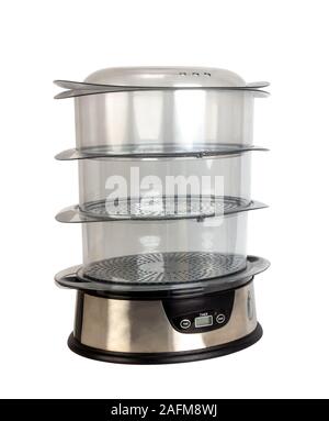 Haushalt kochen Doppelkocher mit drei transparente Behälter auf einem weißen Hintergrund. Stockfoto