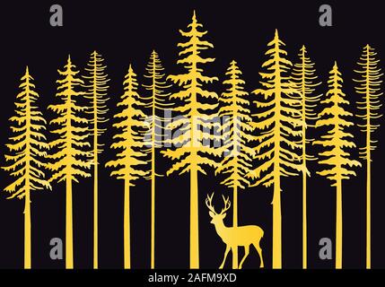 Gold Tannenwaldes mit Rentieren, Vector Illustration Stock Vektor