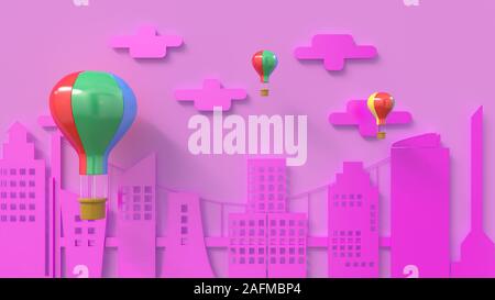 Der Ballon schweben über der Stadt, 3D-rendering Papier geschnitten, grafische 3D-Illustrator Stockfoto