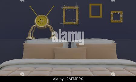 3D-Rendering, 3d-Illustrator, tischuhr Die goldenen Roboter über dem Bett in einem blauen Schlafzimmer mit einem gelben Picture Frame platziert wird. Stockfoto