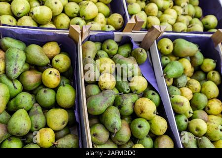 Saisonale Früchte werden in Boxen im Lebensmittelgeschäft. Nahaufnahme der frische Birnen. Natürliche Lebensmittel, die reich an Vitaminen für eine gesunde Ernährung. Stockfoto