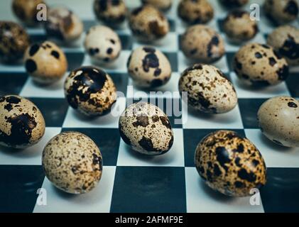 Wachteleier auf einem schwarzen und weißen Käfig Stockfoto