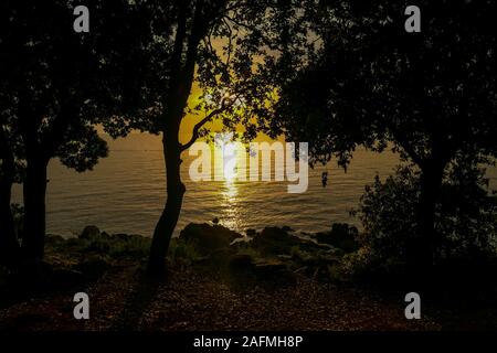 Romantischer Sonnenuntergang von einem Strand. Die Sonne über dem Horizont. Die Sonnenstrahlen in das ruhige Meer Gewässern widerspiegelt. Es ist eine Insel, auf der Seite. Bäume growi Stockfoto