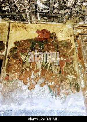 Die Bilder in der Ajanta Höhlen überwiegend die Jataka Geschichten erzählen. Diese sind buddhistische Legenden, die den vorangegangenen Leben des Buddha. Stockfoto