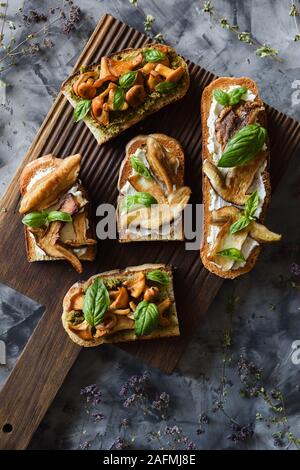 Italienische hausgemachte Sandwiches mit Waldpilzen. Gebratene Pfifferlinge und Steinpilze mit Basilikum auf Bruschetta auf dunklem Hintergrund der Ansicht von oben kopieren Stockfoto