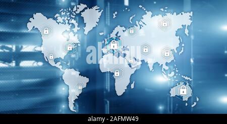 Globale Cyber Security Konzept Kommunikation Datenschutz Serverraum Hintergrund. Stockfoto