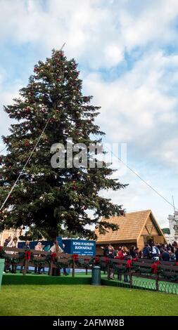 Rom 2019. Weihnachtsbaum, zum ersten Mal mit dem Haus von Santa Claus, in der Piazza Venezia entfernt. Ersten schönen Baum, nach ein paar Jahren, wo Stockfoto