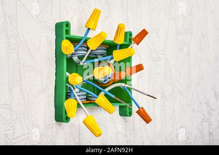 Kabel verdrillen Nüsse sind eine Art von Verbindung Terminal. Die Drähte in der Anschlussdose wird in Pigtails im Stecker verdreht werden. Reparatur und Upgrade Stockfoto