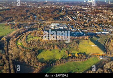 Luftbild, Halde Landschaft im NSG Naturschutzgebiet Natroper Feld, Ansicht von Gladbeck, Gladbeck, Ruhrgebiet, Nordrhein-Westfalen, Deutschland, DE, Stockfoto