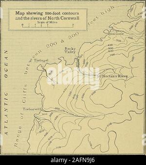 . Die Zeitschrift der Geologischen Gesellschaft in London. orges. Wo die Ebene wurde unterboten am Meer es war bycliffs begrenzt, und die Flüsse gebildet, Wasserfälle, wenn Sie erreicht der Kanteder die Klippen. Diese fällt sofort in Angriff genommen, die Sägen - Stationen und zurück in das Land, so schnell in einigen Fällen dass siemaximal führte zur Bildung von Schluchten. 1 F. J. G. S. Vol. Lxiv (1908), S. 384-400. 2 Siehe die Geologie von Dartmoor Mem. Geol. Surv. 1912, S. 64. F. J. G. S. Nr. 285. f 66 MB. H. DEWEY AUF DER ORI & IN DER EINIGE [Vol.lxxii, die Auffälligkeiten in diesen Schluchten sind die numerouspothole Stockfoto