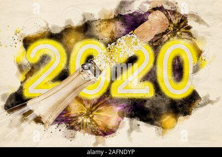 Aquarell Malerei af Korken aus der Flasche Champagner Knallen von Wein auf einer Party auf Schwarz bokeh Hintergrund mit Feuerwerk und 2020 in Neon geschrieben lassen Stockfoto