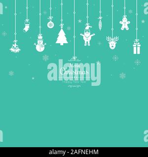 Weihnachtsgrüße ornament Elemente in grünem Hintergrund hängen. Weihnachtsmann, Weihnachtsbaum, Bell, Strumpf, Weihnachtsbaum, Rentier, Gegenwart, Sno Stock Vektor
