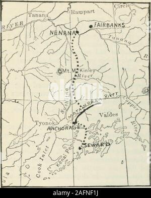 . Überprüfung der Bewertungen und der weltweit arbeiten. ingof William C. Edes, Vorsitzender; FrederickMears und Thomas Riggs, Jr., und onApril 10, 1915, Präsident Wilson issuedan executive order die Benennung der gewählten Route, die von der Kommission begann atSeward, auf dem westlichen Ufer des Resurrec- Heu, und in einer allgemeinen North Fort - erly Richtung durch Kenai See, KernCreek, die Snsitna und CiiiiHtna Flüsse toJiroad Pass, und von dort über die NcnanaRiver Becken zu den Tanana River, mit thenorthern Terminal in Fairbanks. Zwei milesabr) ve tlie Überquerung des Matanuska River abranch Linie 38 Stockfoto