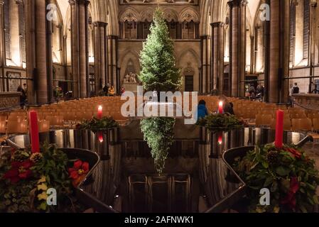 Die Kathedrale von Salisbury, Salisbury, Wiltshire, UK. 14. Dezember 2019. Besucher bewundern die Kathedrale von Salisbury Weihnachtsschmuck. Im Bild: Salisbury C Stockfoto