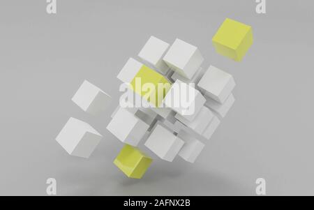 Weiß und Gelb flying Cubes und Kartons, vor weißem Hintergrund abstract 3 render Abbildung Stockfoto