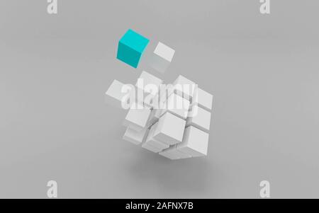 Weiß und Cyan flying Cubes und Kartons, vor weißem Hintergrund abstract 3 render Abbildung Stockfoto