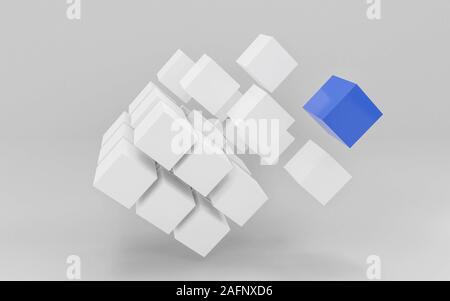 Weißen und Blauen fliegenden Würfel und Kartons, vor weißem Hintergrund abstract 3 render Abbildung Stockfoto
