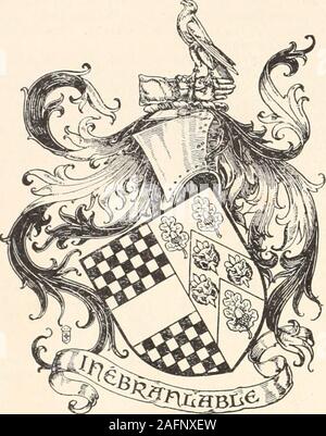 . Wappen Familien: ein Verzeichnis der Herren von Coat-Rüstung. gules, Impaling die Waffen von Smith, nämlich Argent, auf einem Chevron Azure, zwischen drei Eichen - Blätter vert, eachcharged mit einer Eichel oder, wie viele Leoparden Gesichter jessant-de-lys des Feldes, und für seine Crest, auf einen Kranz von thecolors, ein coupéd Arm liegend fessewise bis hin zu den finsteren Azure, behandschuhten Argent, darauf ein Falke thront, beaked, Gliedrigen und belled oder; mit dem Motto, In "^ branlable. Verheiratet, 30. Juli 1885, Beatrice Danvers, allgemein knownas der verehrten Beatrice Danvers, Liebe Frau von der Gnade der theOrder des Krankenhaus St. Joh Stockfoto