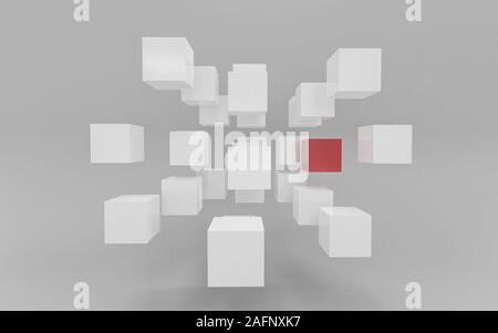 Weiß und Rot fliegenden Würfel und Kartons, vor weißem Hintergrund abstract 3 render Abbildung Stockfoto