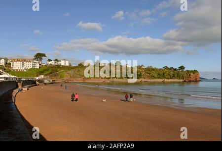 Ein Blick auf Goodrington Sands Beach in der Nähe von Paignton an einem sonnigen Tag im Spätherbst, mit Menschen zu Fuß in der Sonne mit ihren Hunden. Stockfoto