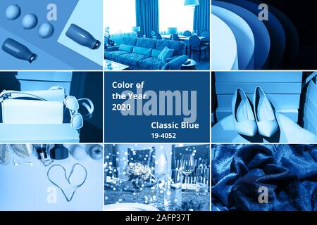 Mode Collage mit Fotos von Classic blau Farbe des Jahres 2020 inspiriert. Lifestyle in verschiedenen klassischen blauen Farben. Stockfoto