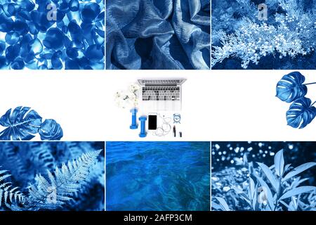 Mode Collage mit Fotos von Classic blau Farbe des Jahres 2020 inspiriert. Lifestyle in verschiedenen klassischen blauen Farben. Stockfoto