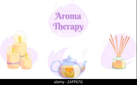 Aromatherapie Symbole mit Kerzen, teeblumen, Holz- aroma Sticks in der Illustration auf isolierten weißen Hintergrund. Natur Spa Wellness Konzept und gesunde Logo Design entspannen. Alternative orientalische Zen Stock Vektor