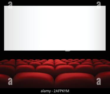 Ein Beispiel für ein Kino mit roter Polsterung und Armaturen, mit einem Bildschirm Stock Vektor