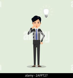 Business Mann denken mit Idee in Vector Illustration denken. Der Mann und die Glühbirne in der Blase denken. Vektor Illustrator. Stock Vektor