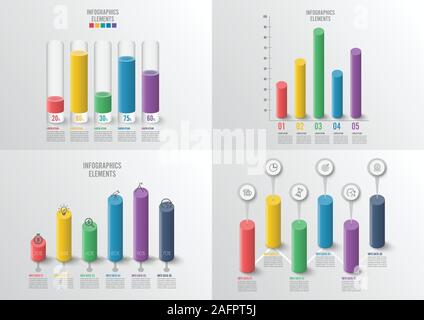 Graphen und Diagramme. Statistik und Daten, iInfographic Business Konzept mit 4, 5 Optionen für Inhalt, Schaltplan, Flussdiagramm, Schritte, Teile, Timeline. Stock Vektor