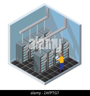 Isometrische Vektor-illustration Diagnosetest in einem Server EDV-Raum. Server Test im Zimmer. Server werden im Zimmer getestet. Technologie Kommunikation. Stock Vektor