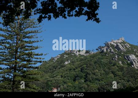 Burg der Mauren, Blick von der Quinta da Regaleira, Sintra, Lissabon, Portugal, Europa Stockfoto