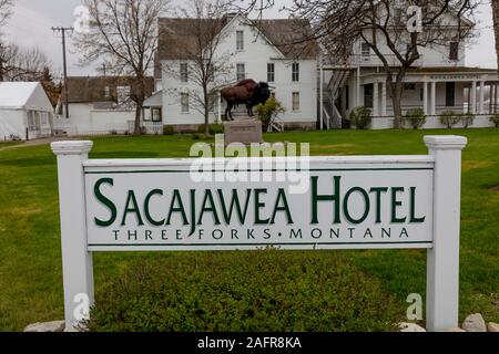 Mai 23, 2019, 3 GABEL, MT, USA - Büffel vor sacajawea Hotel, drei Gabeln, Montana Ehren Sacajawea und der Lewis und Clark Expedition Stockfoto