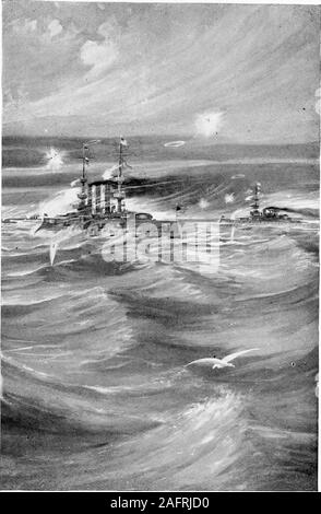 . Schley und Santiago; Rückblick auf die Blockade und die endgültige Zerstörung der spanischen Flotte unter dem Kommando von Admiral Pasquale Cervera, 3. Juli 1898. e, die in chargeof die Waffe war, und Lieutenant-Commander Dele - hanty nahmen ihre Zeit und mit großer careprepared für Ihre Aufnahmen. Die Besatzungen der Schiffe versammelt Incident inmitten intensiv Aufregung beachtensie. Wenn der Rauch des Suwanees ersten Schuß clearedaway nur zwei rote Streamer der Fahne Wereleft. Die Shell hatten durch die Mitte der Bunting gegangen. Freut yell brach aus der Crew der Suwanee. Zwei oder drei Minuten später. Stockfoto