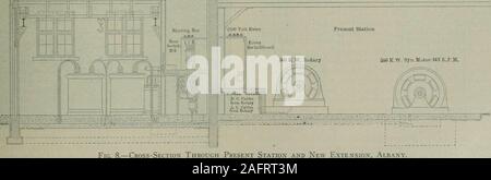 . Elektrische Welt. Querschnitt durch den heutigen Bahnhof und neue Erweiterung,. Albany. Gebäude, in denen Teams im Untergeschoss fahren können. Die i8-in. I-Träger an den Seitenwänden der Sub-Station, auf der Der cranetravels sind durch den Backstein Abutments unterstützt, und diese abutmentsare nicht verstärkt durch Stahlstützen. Im Erdgeschoss des Sub-Station sind Transformatoren, die Gang von Öl Switches, rotierende Umformer, Erreger, Synchronmotor - Generatoren und theswitchboard-panels. Über die Hälfte der im Erdgeschoss die Bahn 10.000 bis 375 Volt und 220 kw jede und jeder der Stockfoto