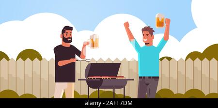 Jungs Paar die Zubereitung von Fleisch am Grill afrikanische amerikanische Männer trinken Bier outdoor Freunde Spaß Hinterhof Picknick Grill Party Konzept Flachbild portrait horizontale Vektor illustration Stock Vektor