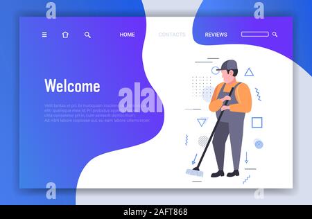 Mann Reiniger waschen, mit Mop männlichen Hausmeister in Uniform wischen Reinigung Service Konzept horizontale Kopie Raum voller Länge Skizze Vector Illustration Stock Vektor