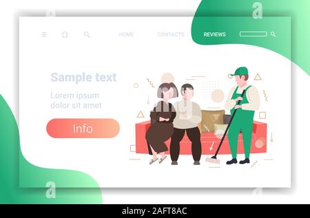Paar sitzt auf einem Sofa mann Reiniger waschen, mit Mop männlichen Hausmeister in Uniform wischen Reinigung Service Konzept horizontale Kopie Raum voller Länge Skizze Vector Illustration Stock Vektor