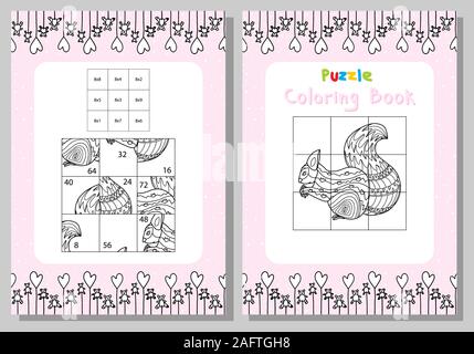 Multiplikation Tabelle. Puzzle Malbuch Eichhörnchen mit einer Beule. Vektor Stock Vektor