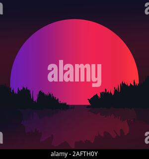 Landschaft Der große Mond über dem See. Nacht der Roten Mond mit Reflexionen auf dem Wasser. Vector Illustration Stock Vektor