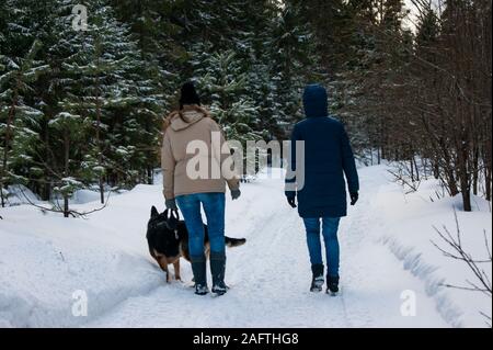 Zwei Mädchen und ein Hund sind zu Fuß in den Winterwald. Der Wandel der Zeit des Jahres, die Ankunft des Frühlings Stimmung fügt dem Spaziergang. Stockfoto