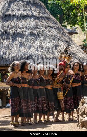 Traditionell gekleideten Stamm Mitglieder bei Takpala Dorf, Kalabahi, Indonesien Stockfoto