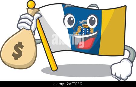 Smiley Flagge kanarische Insel Blättern Zeichentrickfigur mit Geld beutel Stock Vektor