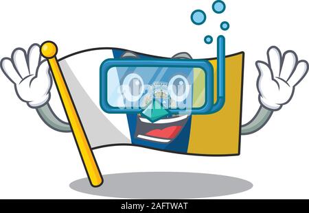 Cartoon Maskottchen mit Flagge kanarische Insel Blättern Tauchen Brille tragen Stock Vektor