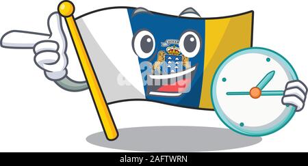 Lächelnd Flagge kanarische Insel Blättern Zeichentrickfigur Stil mit Uhr Stock Vektor