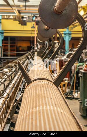 Nahaufnahme der mule Spinnereimaschinen in Sir Richard Arkwright nd Textilfabrik an Masson Mills Museum Derbyshire UK Stockfoto