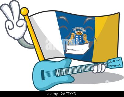 Coole Flagge kanarische Insel Blättern cartoon Leistung mit Gitarre Abendmahl Stock Vektor