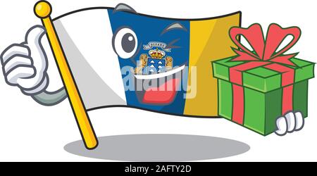 Happy Face Flagge kanarische Insel Blättern Charakter mit Geschenkbox Stock Vektor