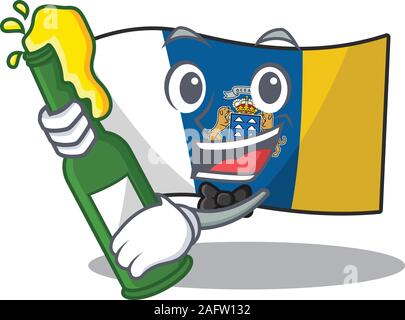 Flagge kanarische Insel Blättern mit einer Flasche Bier Maskottchen Cartoon Stil Stock Vektor
